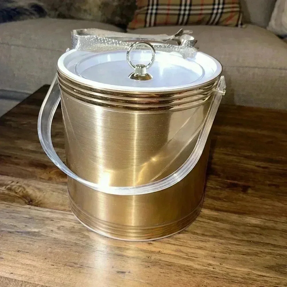 Vintage Ice Bucket Mid Century Modern MCM Copper/Gold w Ice Tongs Made in USA